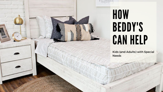 
      A twin bed made with neutral zipper bedding and a text box about how zipper bedding can help those with special needs
    