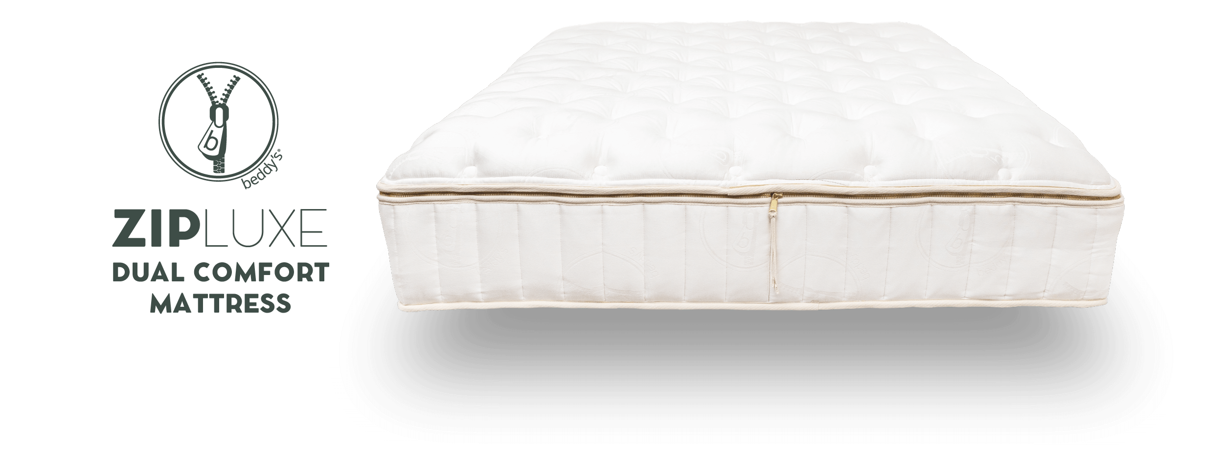 The Beddys ZipLuxe Mattress over a transparent background with the Beddys logo next to it.