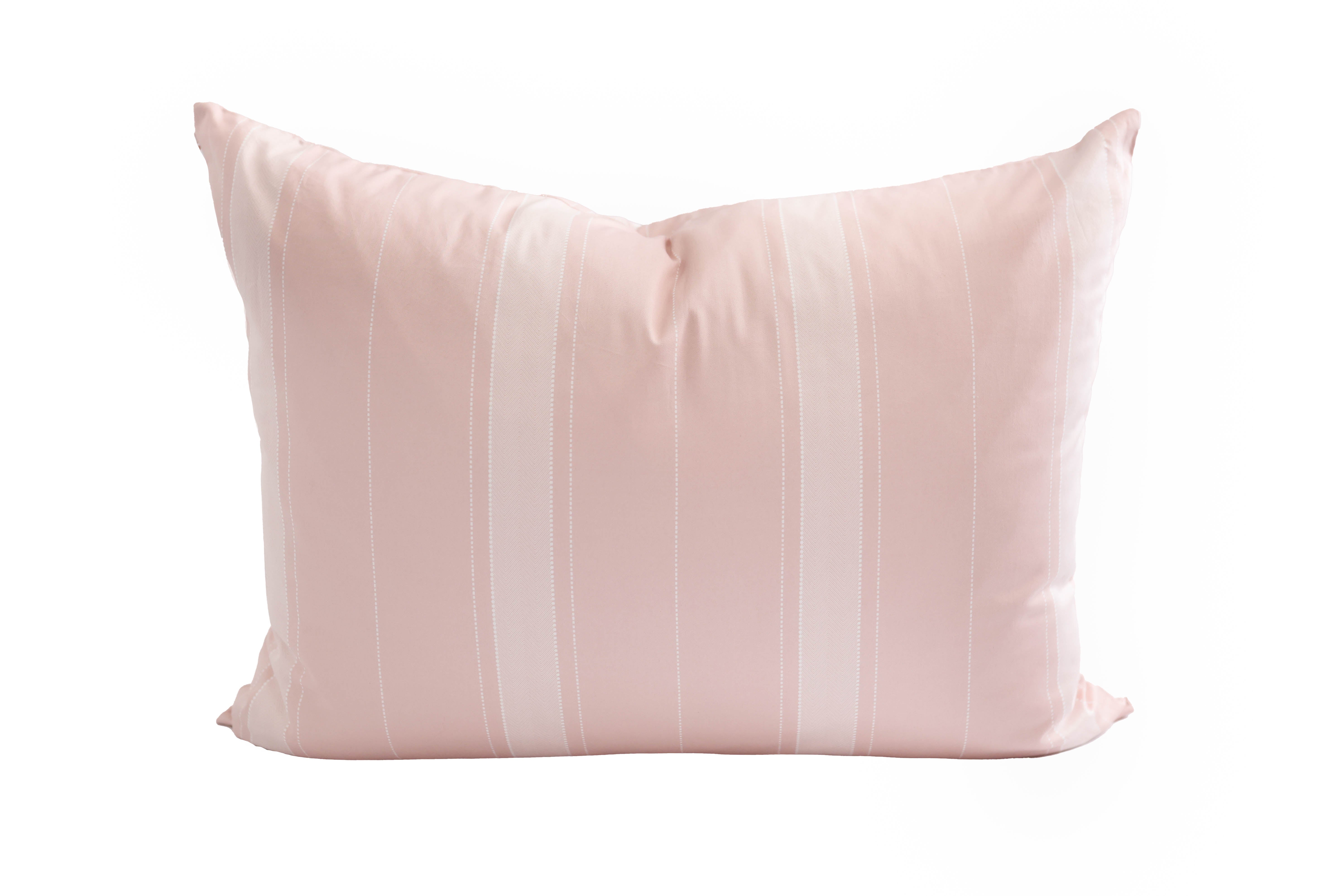 A pink striped pillowcase on a white background.