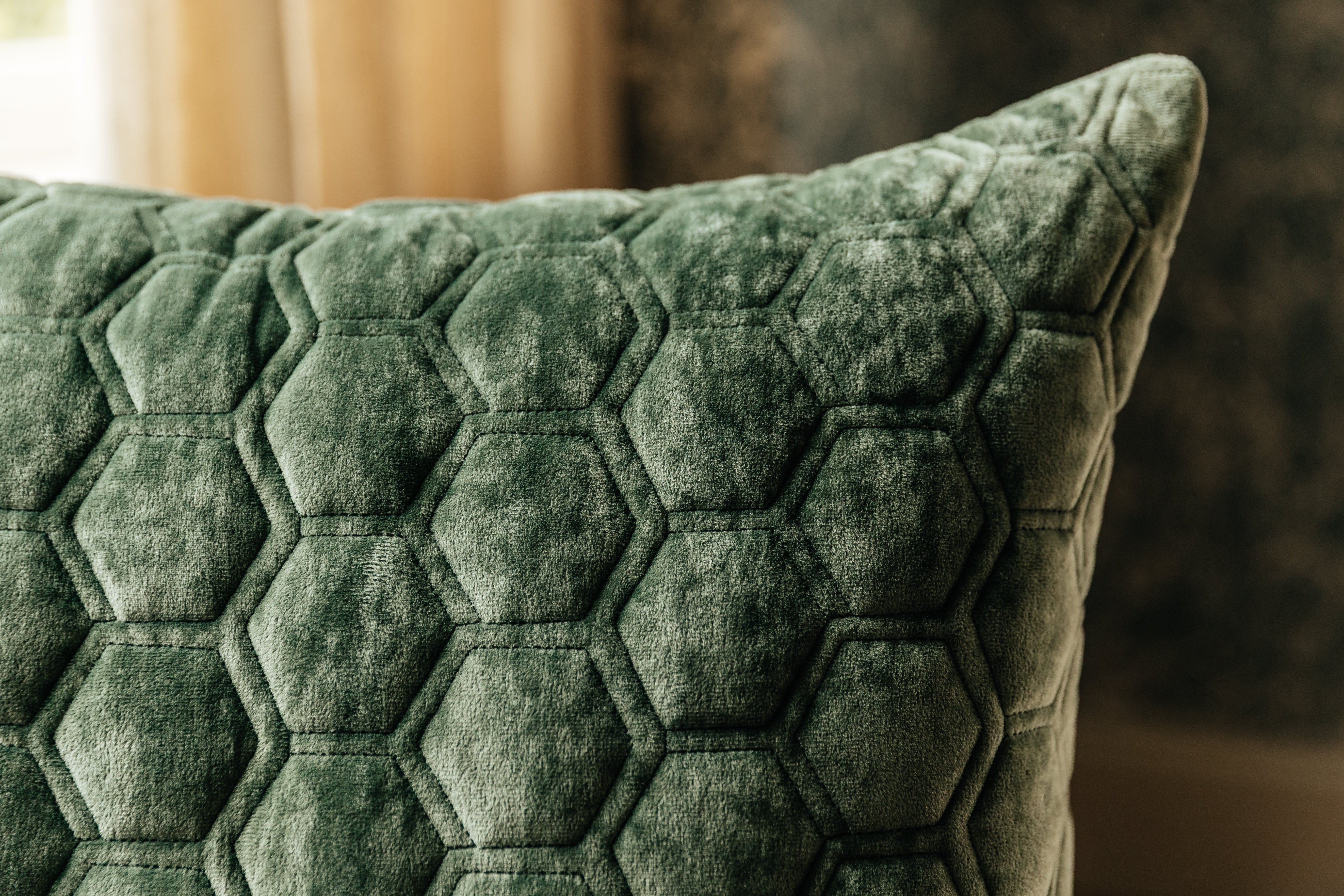 A close up corner view of a green honeycomb pattern velvet euro pillow.