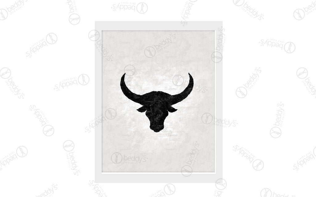 A black outlined bull digital artwork showcased in a frame. 