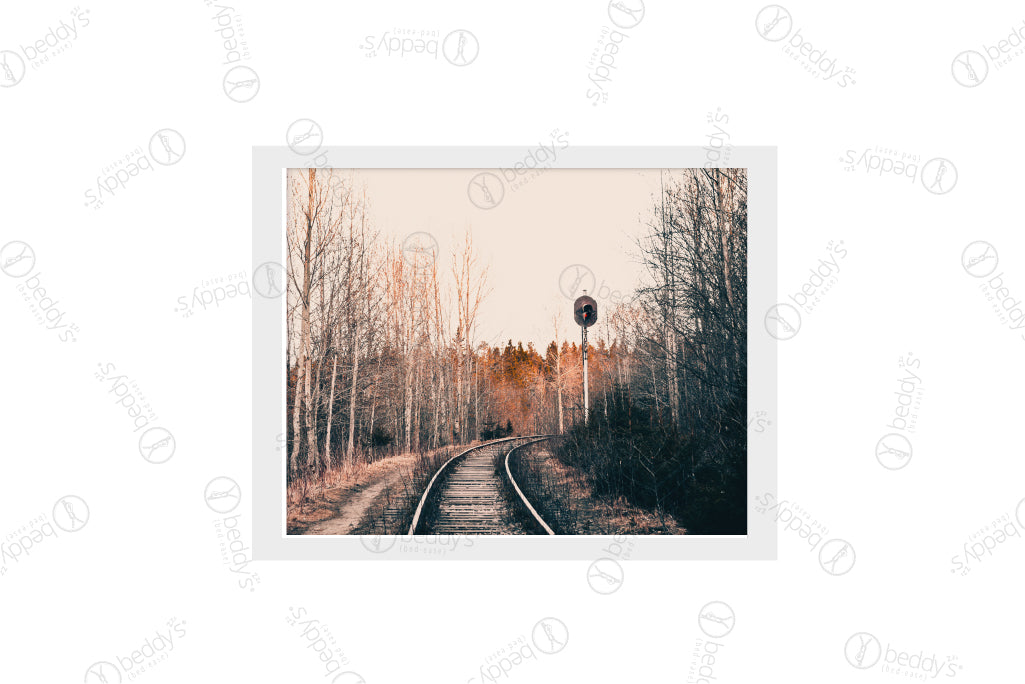 A train railroad in the woods digital artwork showcased in a frame. 